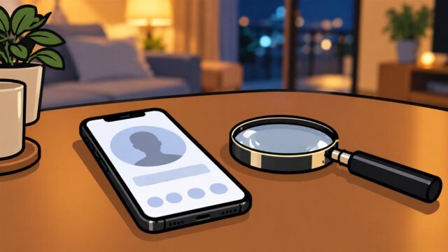 夜のテーブルに置かれたスマートフォンと虫眼鏡のイラスト。画面のプロフィールは人型のシルエットになっている