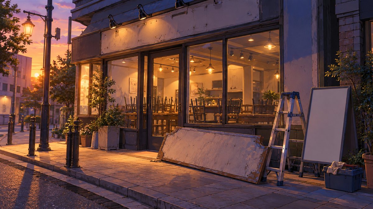 夕暮れの街角で、看板が外されて歩道に立てかけられた閉店後のカフェの店先