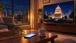 夜のリビングのテレビに映る議事堂と、テーブルの上で光るスマートフォン