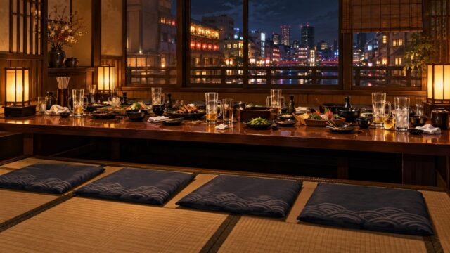 深夜の居酒屋の座敷で、長いテーブルの手前に誰も座っていない座布団が4つ並んでいるイラスト