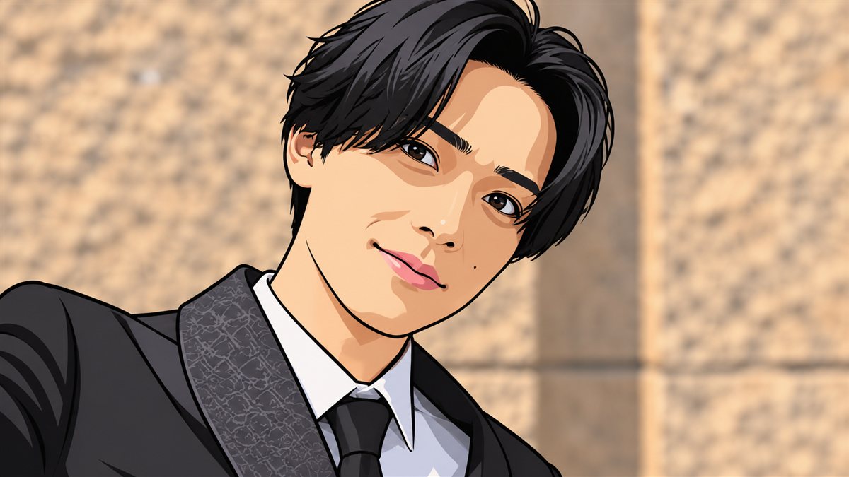 スーツ姿で首をかしげる永瀬廉のイラスト