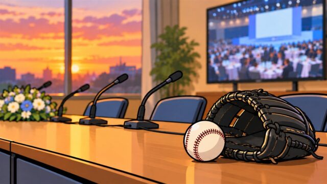 夕焼けの会見場の長机に置かれた野球ボールとグラブのイラスト