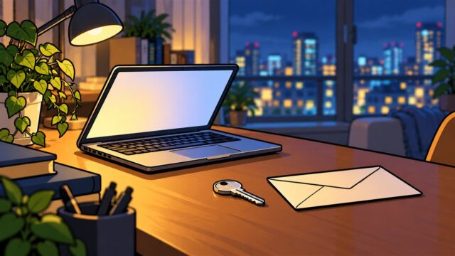 夜の部屋の机に置かれたノートパソコンと銀色の鍵と封筒、窓の外に街の明かり