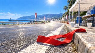 真昼の日ざしが照りつける海沿いの駅伝コースで、縁石のそばに赤いたすきが落ちているイラスト