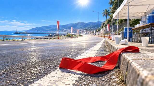 真昼の日ざしが照りつける海沿いの駅伝コースで、縁石のそばに赤いたすきが落ちているイラスト