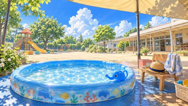 保育園の園庭に置かれた浅いビニールプールとゾウのジョウロ、見守り用の椅子と麦わら帽子のイラスト