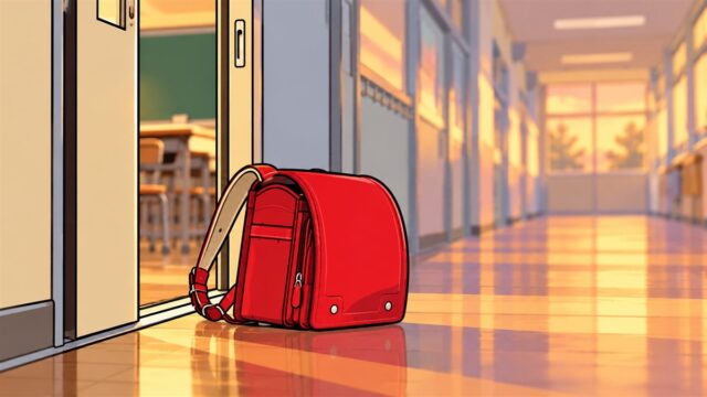 夕方の小学校の廊下、少し開いた教室の引き戸の前に置かれた赤いランドセルのイラスト