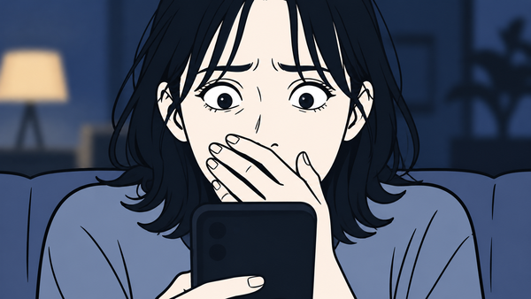 夜にスマホのリプ欄を見てぞっとする女性のイラスト
